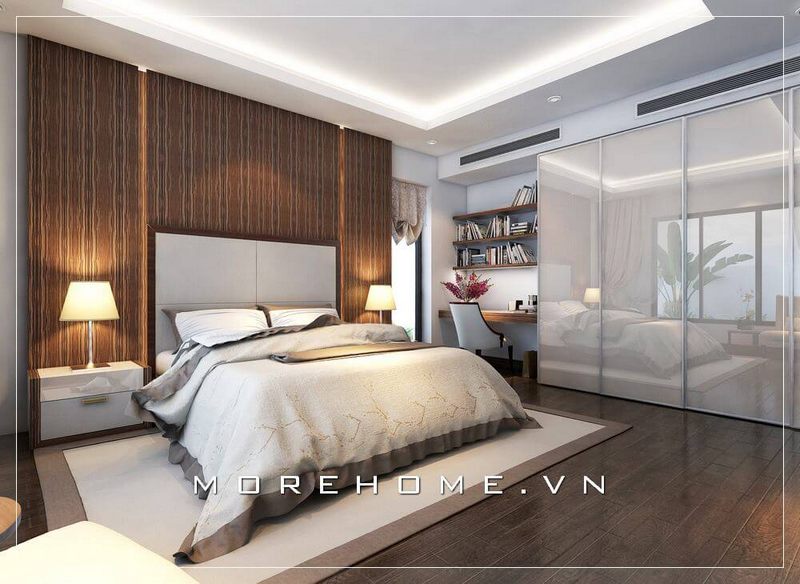 Phòng ngủ chung cư hiện đại đầy ấn tượng với điểm nhấn là chiếc giường ngủ bọc da đầu giường cách điệu